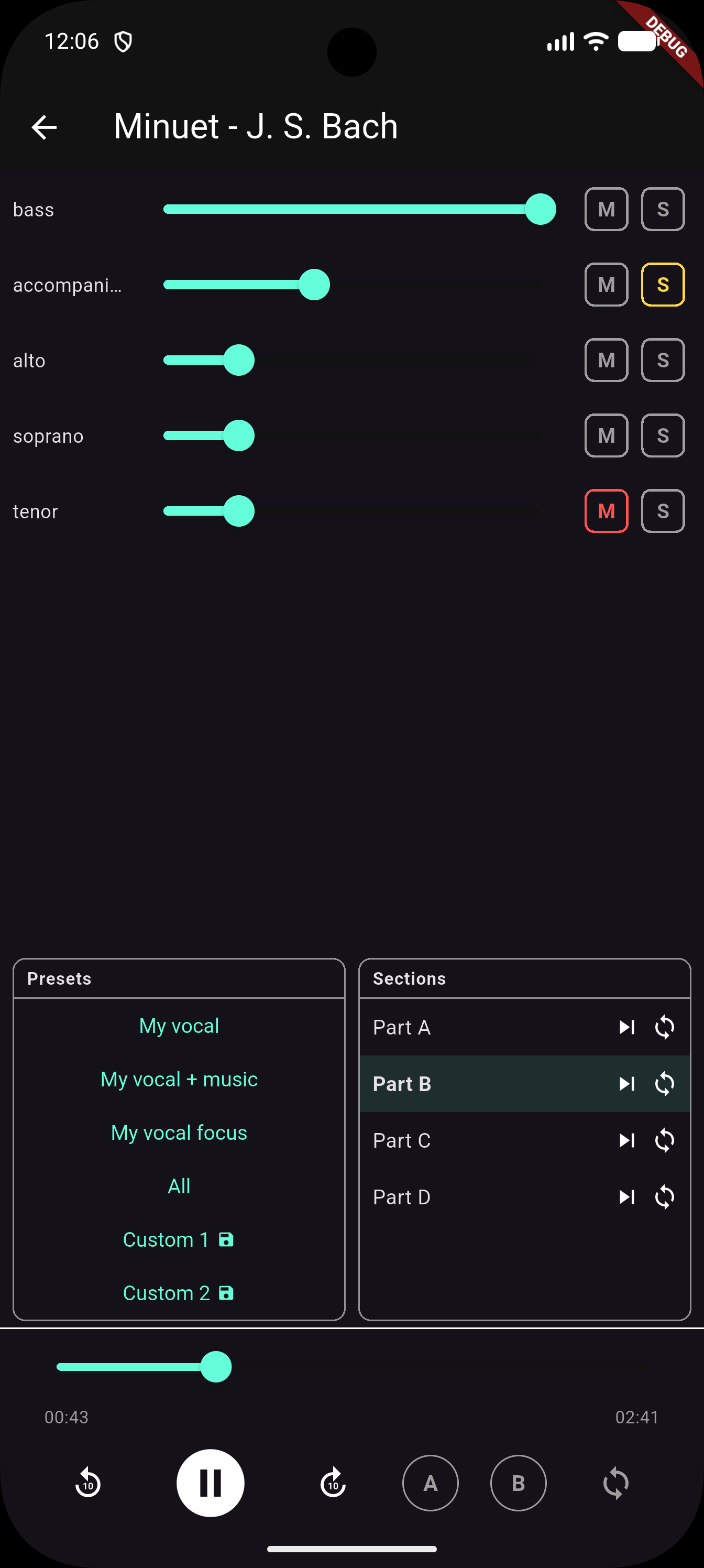 Mixer with per-track volume and solo controls