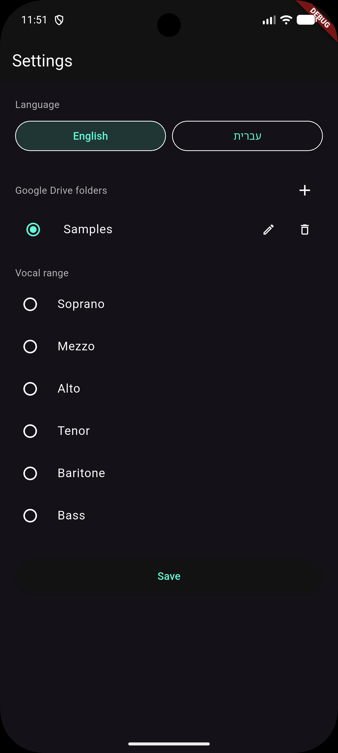 Settings — Google Drive folders and vocal range